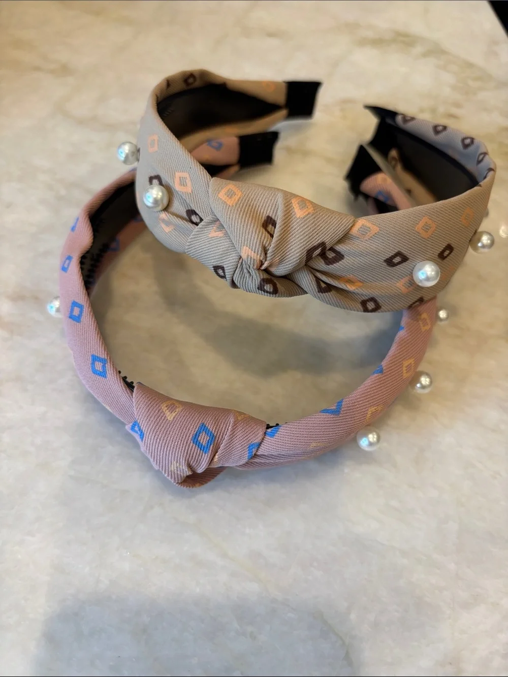 Pearl-Accent Knotted Headband Duo in Pink & Beige